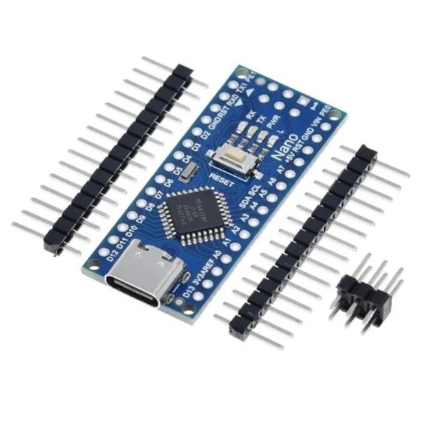 Placa Arduino Nano V3 con conexión USB-C, ideal para proyectos de electrónica, robótica y automatización.