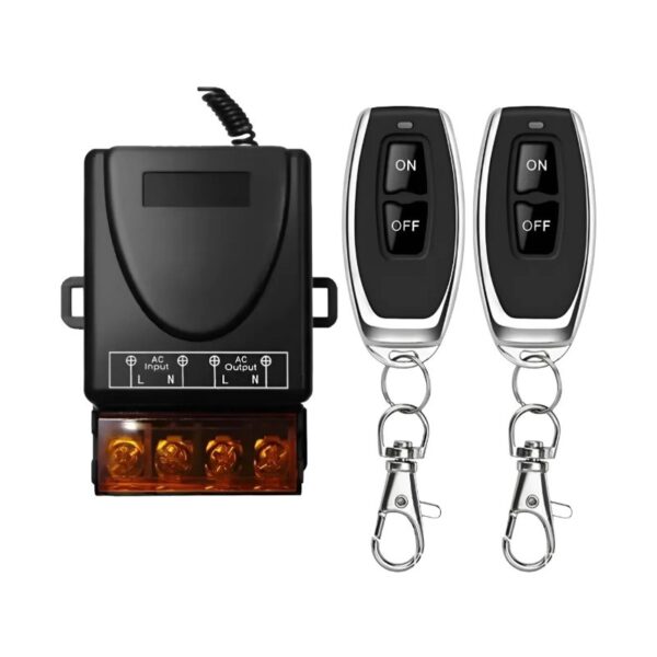 Relé inalámbrico 220V 30A con 2 controles remotos de 433MHz para automatización de dispositivos eléctricos.